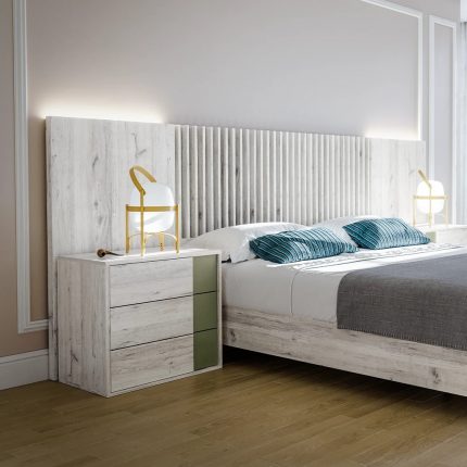 Dormitorio Hermes. Dormitorios de diseño, color artico/camuflaje. Cabecero matrimonio con alas. Dormitorios Badajoz. Dormitorios Alburquerque.