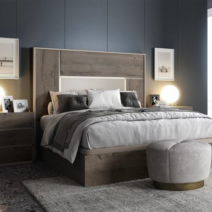 Dormitorio Gondola. Dormitorios de diseño, color nogal/arena. Cabecero matrimonio con alas. Dormitorios Badajoz. Dormitorios Alburquerque.