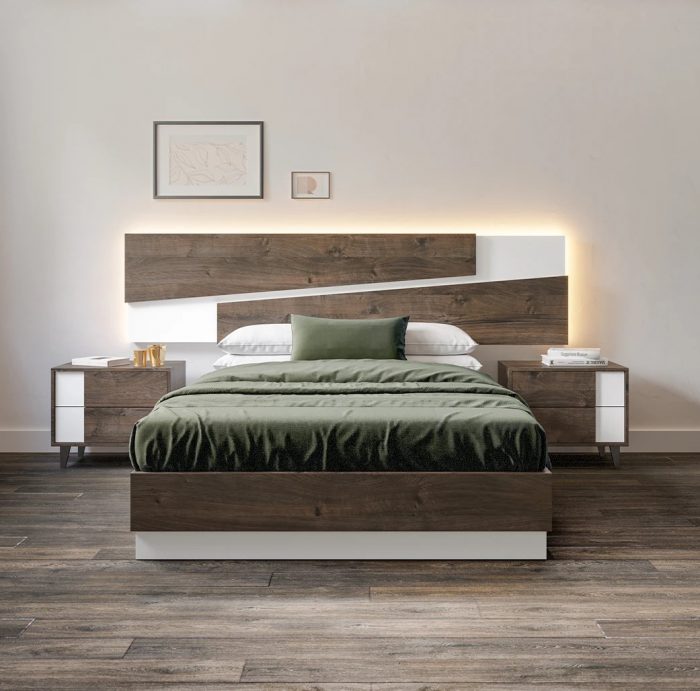 Dormitorio Circe. Dormitorios de diseño, color Nogal/blanco. Cabecero matrimonio, Galería cama 135-150. Dormitorios Badajoz. Dormitorios Alburquerque.