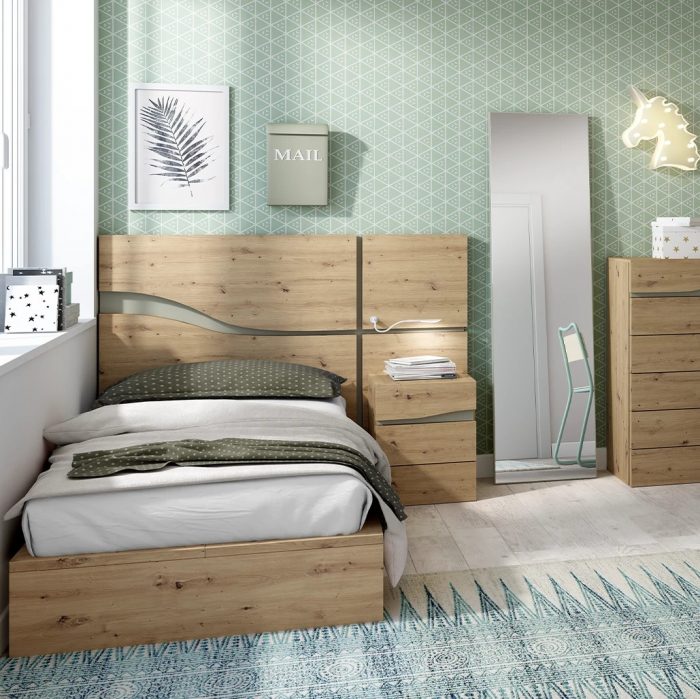 Dormitorio juvenil Onda. Dormitorios de diseño, color natural/ camuflaje. Cabecero dormitorio juvenil. Dormitorios Badajoz. Dormitorios Alburquerque.