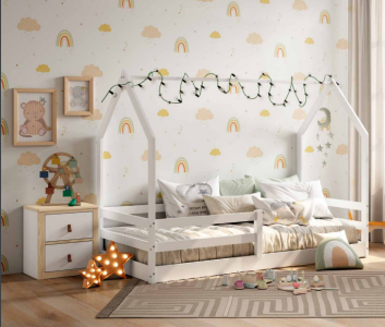 Cama casita Montessori. Camas Montessori para dormitorios infantiles. Dormitorios montessori Badajoz y Alburquerque. Calidad y precio Muebles Juani.