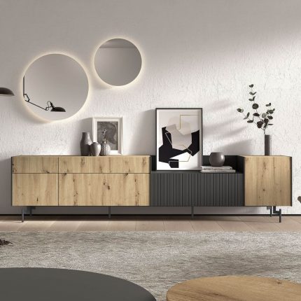 Modular salón 1. Salón modular Roble artesano y rayado pizarra. Salones Badajoz palillería. Salones diferentes estilos. Calidad a precios bajos.