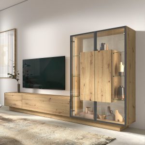 Modular salón 17. Salón modular Roble artesano y cemento pulido. Salones Badajoz palillería. Salones diferentes estilos. Calidad a precios bajos.