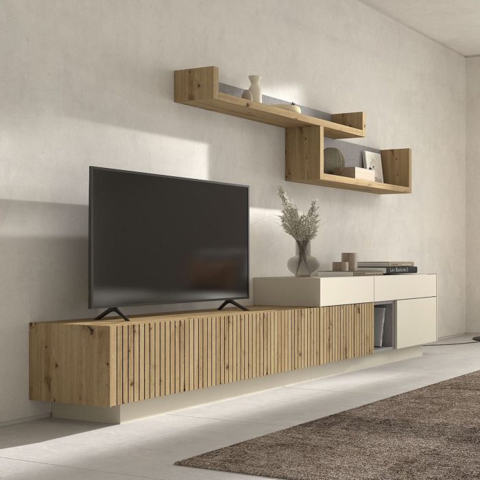Modular salón 3. Salón modular Roble artesano cotton y beige. Salones Badajoz palillería. Salones diferentes estilos. Calidad a precios bajos.