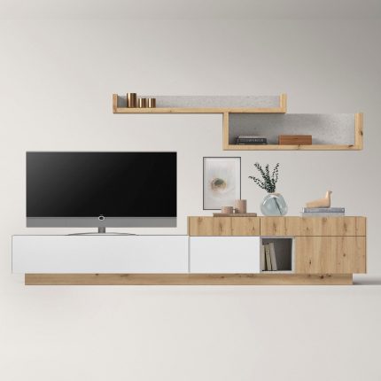 Modular salón 4. Salón modular Roble artesano y blanco. Salones Badajoz palillería. Salones diferentes estilos. Calidad a precios bajos.