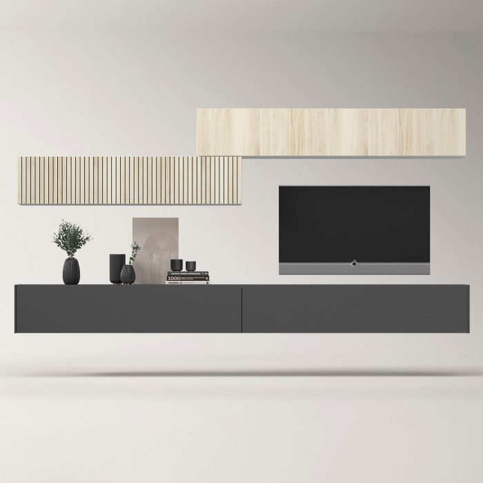 Modular salón 5. Salón modular Haya y gris pizarra. Salones Badajoz palillería. Salones diferentes estilos. Calidad a precios bajos.