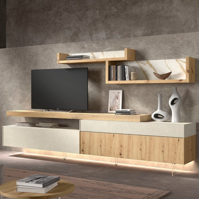 Modular salón 8. Salón modular Roble artesano y caliza con mármol oro. Salones Badajoz palillería. Salones diferentes estilos. Calidad a precios bajos.