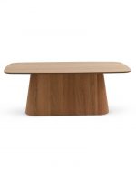 Mesa rectangular madera contrachapada roble pie central. Mesas comedor Badajoz. Mesa rectangular fija comedor. Muebles en Badajoz y Alburquerque.