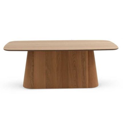 Mesa rectangular madera contrachapada roble pie central. Mesas comedor Badajoz. Mesa rectangular fija comedor. Muebles en Badajoz y Alburquerque.